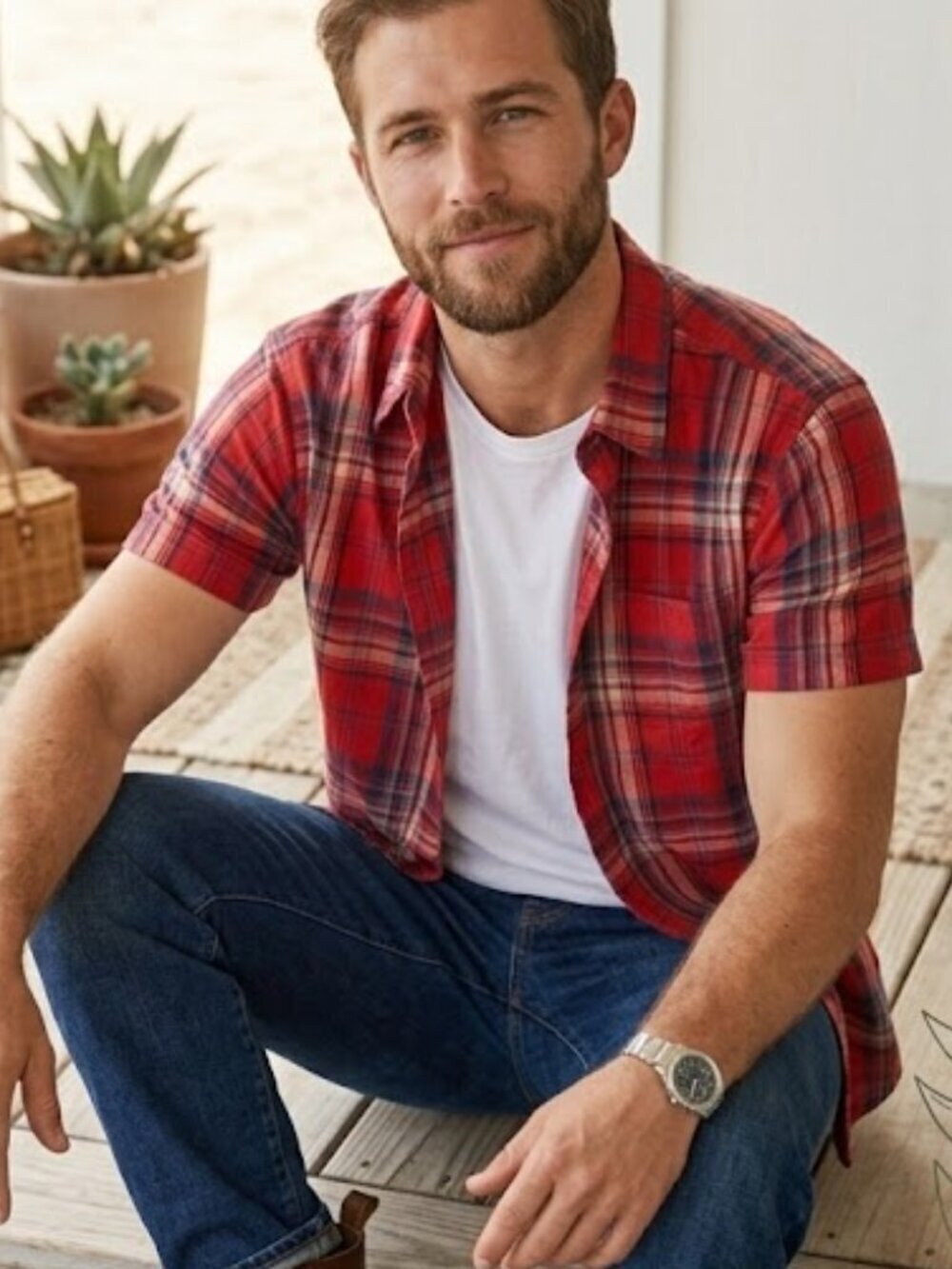 Prana Men’s Medium Red Plaid Organic Cotton Blend Button-Up Shirt